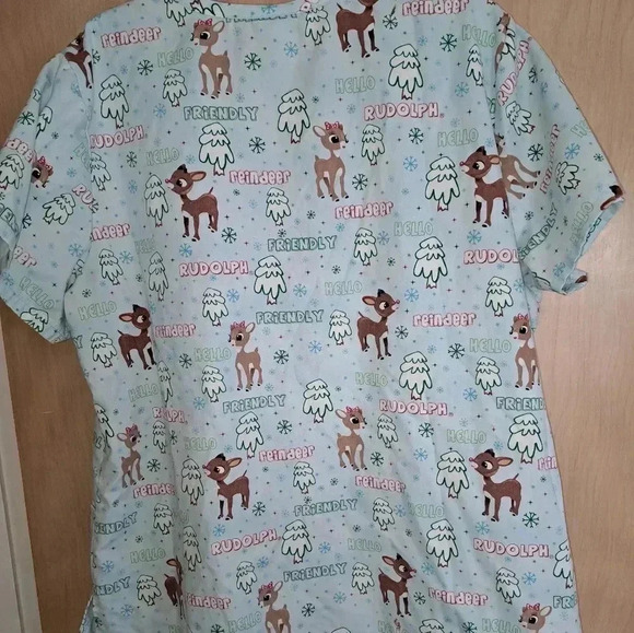 Rudolph the Red Nosed Reindeer Holiday Scrub Top XL Light Blue - Picture 2 of 4